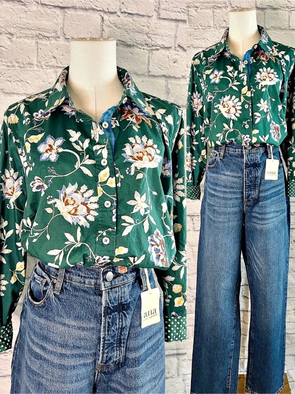 Talbots Fall Blouse 100% Cotton Floral Button Down Shirt Green Blue Academia Twe